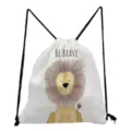 Cute watercolor lion print drawstring bag close-up detail, casual white canvas backpack. - Lion Pattern (sk3064)