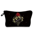 Bolso cosmetico negro con estampado de rosas rojas, cierre de cremallera y gran espacio útil. - Estilo Estampado Vintage Hoja Oro Rosa Roja Base Negra (hzz5983)
