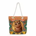 Bolso de playa de búho lindo con patrón geométrico bohemio y asas de cuerda gruesa. - Estampado Búho (ms3388)