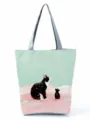 Close-up detail of cute cat print tote shoulder bag, mint green fabric with cute pet graphic. - Looking Up at Falling Flowers Cat Style (hl2897)