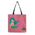 Pink canvas tote bag featuring cute cartoon mermaid print, black straps, detailed view. - Pink Mermaid Style (hm3707)