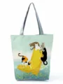 Cute cat print canvas tote bag, casual shoulder handbag for students and daily commuting use. - Yellow Rainboots Cat Style (hl2898)