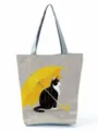 Cute black cat yellow umbrella canvas tote bag for casual student shoulder shopping bag - Holding Yellow Umbrella Cat Style (hl2899)
