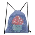 Cute cartoon mushroom print drawstring backpack, lightweight casual storage bag for daily use. - Blue Background Red & White Mushroom (sk0373)