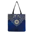 Borsa shopper in tela di moda con stampa damascata blu oro borsa spalla casual vista dettaglio - Stile Floreale Palazzo Dorato (hm3568) / Blu