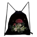 Creative mushroom print drawstring backpack for women, lightweight casual storage bag. - Black Background Red Mushroom & White Flowers (sk0508)