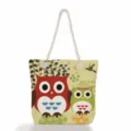 Vista detallada del bonito bolso de playa de lona con estampado de búho y asas de cuerda. - Estampado Búho (msCB098)