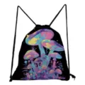 Detail view of the colorful psychedelic mushroom print black drawstring backpack for women. - Natural Style Colorful Mushroom Style (skk0686)