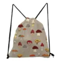 Cute mushroom pattern print drawstring backpack lightweight casual daily storage bag for women - Light Khaki Vintage Hand-painted Mushrooms (sk0687)