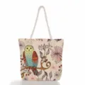 Amplio bolso de playa de lona con bonito estampado de búho y flores, asas de cuerda. - Estampado Búho (msCB103)