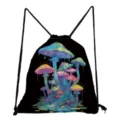 Psychedelic mushroom print drawstring bag, lightweight foldable black fabric backpack, nature art. - Vibrant Colorful Mushroom Style (skk0688)