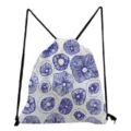 Blue mushroom print drawstring bag detail, lightweight fabric storage pouch with black cords. - White Background Blue Abstract Mushroom Cell (sk0831)