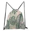 Tropical leaf print drawstring backpack, casual green plants pattern travel daypack. - Light Pink Green Leaf Style (sk4781)