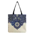Detailed view of the blue and white ornate pattern tote bag, showcasing intricate floral canvas design. - Complex European Floral Style (hm3571)