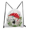 Detail view of a cute mushroom print white drawstring backpack, lightweight casual storage bag. - White Background Red Hat Mushroom Girl & Butterfly (sk0834)