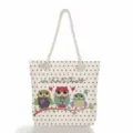 Detalle de bolso de playa de lona con ilustración de familia de búhos y lunares. - Estampado Búho (msCB104)
