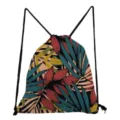 Detailed view of tropical leaf print drawstring backpack with colorful foliage pattern on black fabric. - Black Colorful Leaf Style (sk4782)