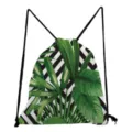 Tropical palm leaves print drawstring backpack, casual fashion canvas lightweight daypack for travel. - B&W Stripe Palm Leaf Style (sk4783)