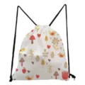 Cute mushroom and bird pattern canvas drawstring backpack lightweight casual daily storage bag in white - White Background Mushroom Bird & Heart (sk0835)