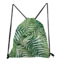 Detailed view of tropical green palm leaf print drawstring backpack, casual storage bag. - Watercolor Palm Leaf Style (sk4784)