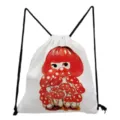 Cute mushroom print drawstring backpack, lightweight canvas casual daily storage bag for women. - White Background Vintage Red Spotted Mushroom Girl (sk0836)