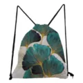 Detailed view of the stylish teal and gold ginkgo leaf print drawstring backpack. - Delicate Ginkgo Leaf Style (sk4785)