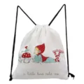 Close-up detail of the cute cartoon mushroom printed canvas drawstring storage bag. - White Background Girl Mushroom & Text (sk0838)
