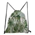 Detailed view of fashionable tropical green palm leaf print drawstring backpack, casual bag. - Black Tropical Palm Leaf Style (sk4786)
