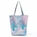 Detailed view of the abstract print tote bag with stylish marble pattern and durable handles. - Blue Purple Green Marble Style (hl8968)