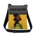 Vue détaillée du sac bandoulière montrant l'impression artistique et la double fermeture. - Sac Illustration Mode Jaune (xkk0515)