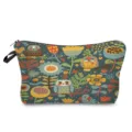 Close-up of the cute owl and floral print cosmetic pouch zipper and fabric texture detail view. - Dark Blue Cartoon Owl (hz1202)