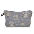 Detail view showing pattern details and zipper of grey owl printed cosmetic makeup bag. - Greyish Purple White Owl Graffiti (hz1205)