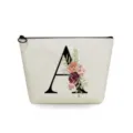 Bolsa de maquillaje de lino con letra A negra y flores, neceser de viaje ideal y chic. - Estilo Letra A