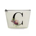 Bolsa de maquillaje de lino con un elegante estampado de letra C y detalle floral. - Estilo Letra C