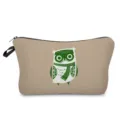 Detailed view of the cute owl print cosmetic bag, highlighting the neat zipper and fabric texture. - Green and White Owl Print (hz1213) / Khaki