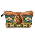 Travel cosmetic bag with Aztec geometric pattern and cute owl print, zippered wash pouch. - Totem Owl Print (hz3388) / Khaki