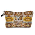 Owl print travel cosmetic bag makeup pouch multi-functional wash bag product detail view - Retro Yellow Totem Owl (hz3397) / Tan