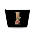 Zwarte canvas cosmetische make-uptas met vintage bloemen letter I print voor dames reizen. - Hoofdletter I Stijl