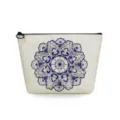 Tragbare Kosmetiktasche mit blau-weissem Porzellan Blumenmuster, ideale Make-up Aufbewahrung. - Baumwoll Leinen Textur Blau Weiß Stil (sn3574)
