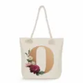 Canvas tote bag with floral letter O print, large capacity casual single shoulder handbag. - Golden Letter O Print Style