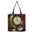 Borsa shopper in tela con gatto dormiente carino e stampa festiva, borsa a spalla casual ampia. - Stile Gatto Festivo Vintage (hm2871)
