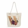 Canvas tote bag with gold letter W and vintage floral print, large capacity shoulder bag. - Golden Letter W Print Style