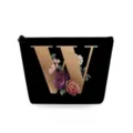 Zwarte cosmetische tas met gouden letter W en bloemenprint, draagbaar make-up etui voor dames. - Hoofdletter W Stijl