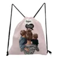 Pink polka dot drawstring backpack featuring sweet mom and boys print for daily use and travel. - Pink Polka Dot Mother and Son Style (sk3015)