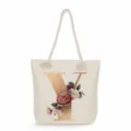 Canvas tote bag with gold letter Y and floral print, stylish large capacity shoulder handbag. - Golden Letter Y Print Style