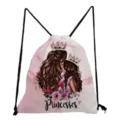 Detailed close-up view of the cute mother and daughter princess print drawstring backpack. - Pink Marble Princesses Style (sk3016)