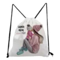 Close-up view of the casual drawstring storage bag featuring a lovely mother and daughter print design. - Super Mom Polka Style (sk3021)