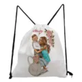 White drawstring backpack for travel and daily use, casual canvas bag with mother and child print. - Mom Life Mother Son Style (sk3022)