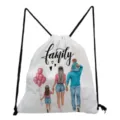 Detailed view of the family printed drawstring backpack, casual travel storage bag design. - Warm Family Back Style (sk3023)