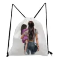 Close-up detail of the portable drawstring bag featuring a warm mother-daughter print design. - Warm Mother and Daughter Back View Style (sk3030)
